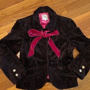 Nanette Lepore Brown Faux Fur/ Pink Velvet Bow Tie Jacket, size 6